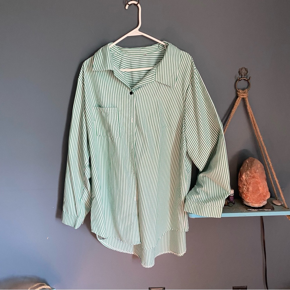 SHEIN Green and White Striped Shirt